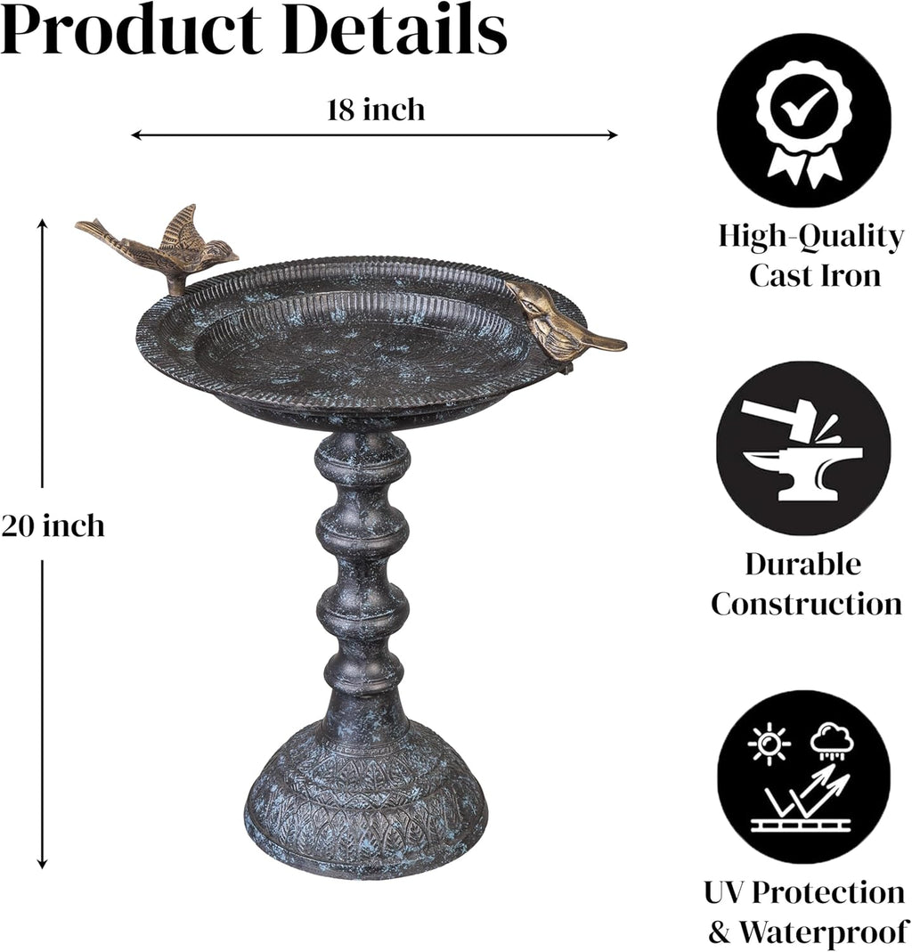 Evergreen Hummingbird Metal Bird Bath Bowl with Stand - Heavy Duty, Ground Standing Bird Bath and Feeder for Garden, Yard, Deck