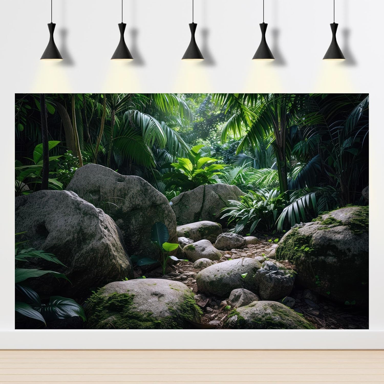 Reptile Habitat Backdrop Lush Tropical Plants and Rocks Terrarium Backdrop Dense Vegetation with Large Broad Leaves and Ferns Fish Tank Background Aquarium Wallpaper Poster Decor Vinyl 30x12in