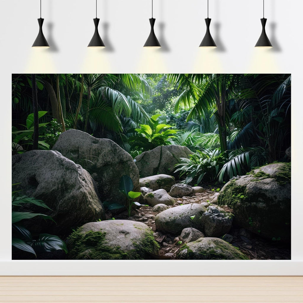 Reptile Habitat Backdrop Lush Tropical Plants and Rocks Terrarium Backdrop Dense Vegetation with Large Broad Leaves and Ferns Fish Tank Background Aquarium Wallpaper Poster Decor Vinyl 30x18in