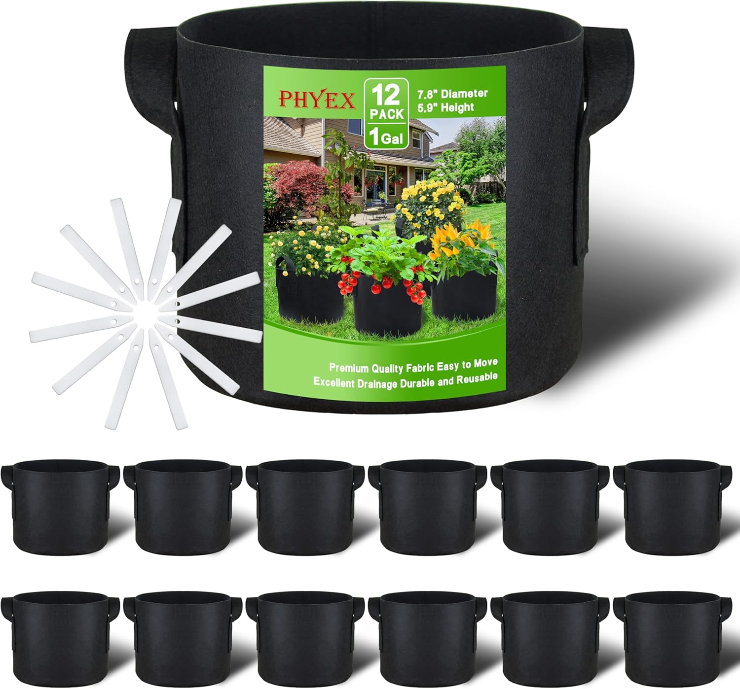 PHYEX 12-Pack 1 Gallon Nonwoven Grow Bags, Heavy Duty Aeration Fabric Pots with Durable Handles, Come with 12 Pcs Plant Labels