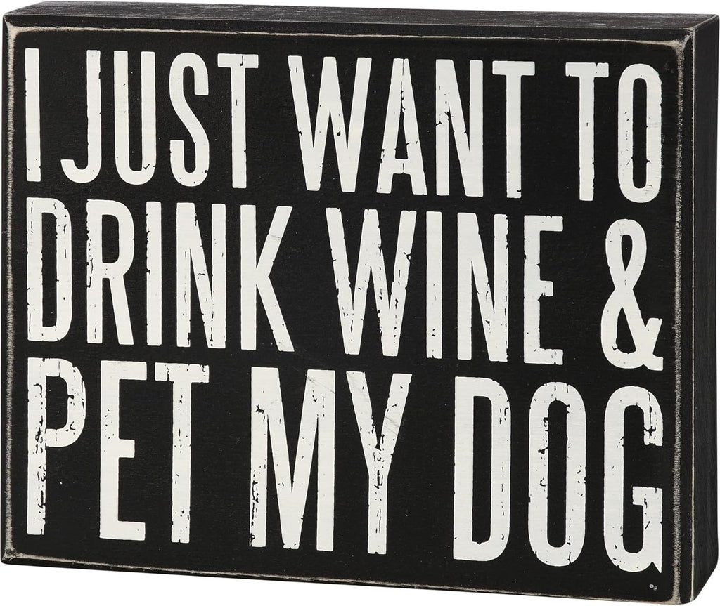 Primitives by Kathy Rustic Wooden Decor Sign - 'Wine & Dog' - Office/Farmhouse Decor, Dog Lovers Gift, 5""