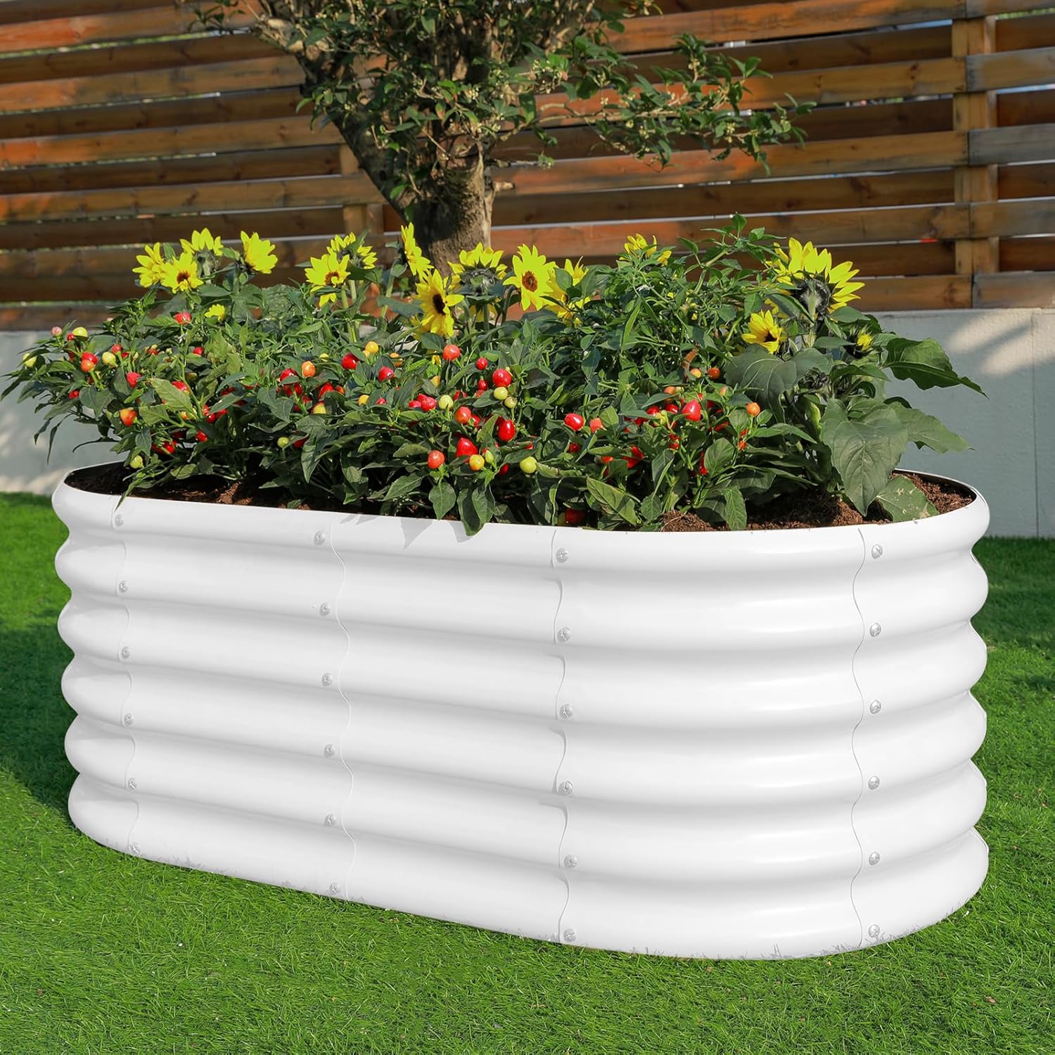 Land Guard 18“ Tall 4×2ft Galvanized Raised Garden Bed Kit, Galvanized Planter Garden Boxes Outdoor, Oval Large Metal Raised Garden Bed for Vegetables……… (Pearl White, 4×2×1.5ft)