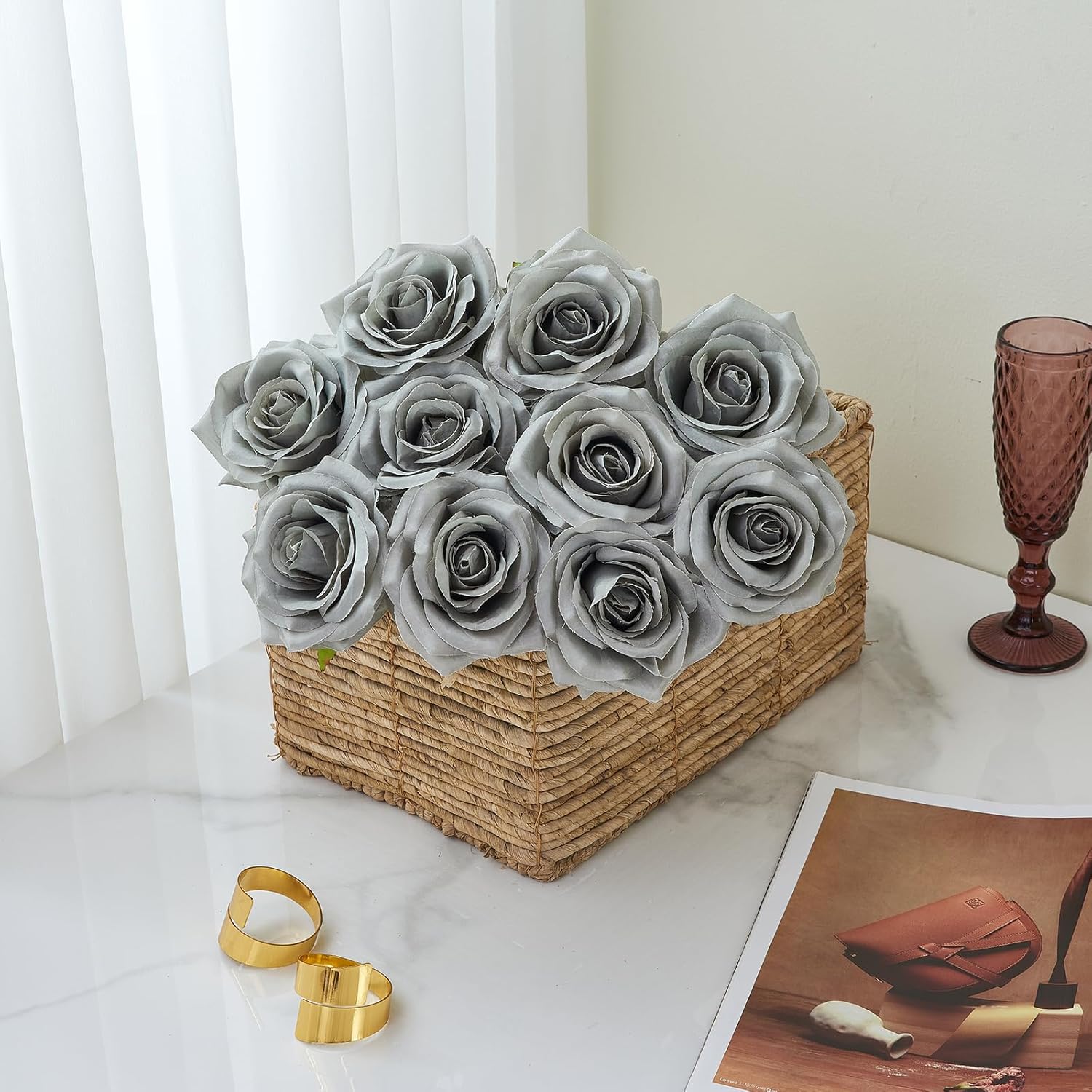 Artificial Rose 10pcs Open Flower Bouquet Faux Rose Stems for Wedding Arrangement, Bridal Bouquet, Centerpiece, Fake Faux Silk Flowers (Grey)