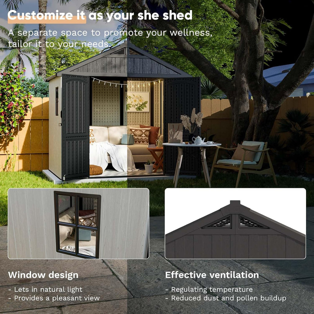 Patiowell 8 x 6 FT Plastic Outdoor Storage Shed with Floor, Resin Shed with Window and Lockable Door for Garden, Backyard, Tool Storage Use, Easy to Install in Beige (Kick-it Shed)