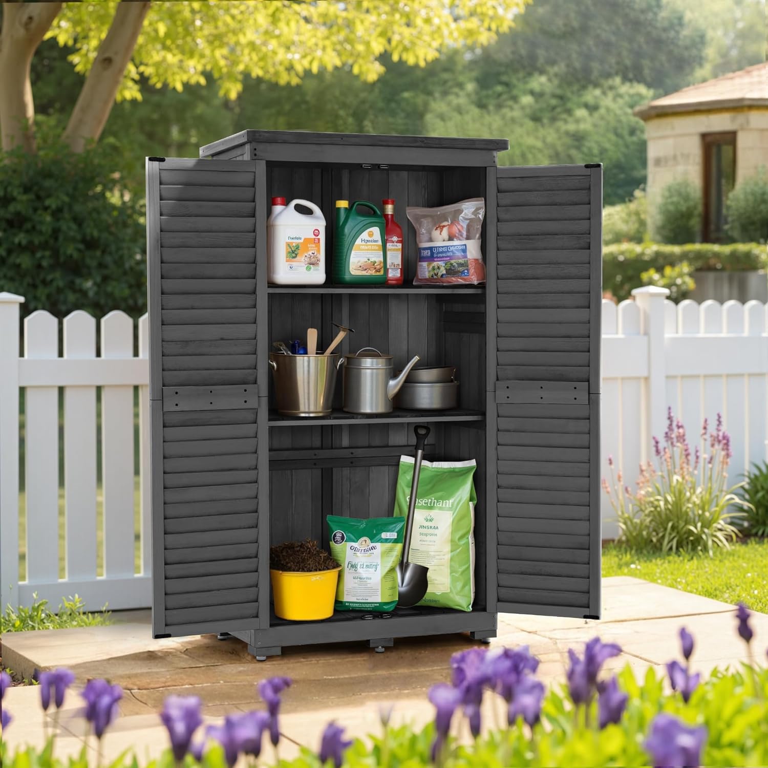 MCombo Outdoor Storage Cabinet, Garden Storage Shed, Outside Vertical Shed with Lockers, Outdoor 63 Inches Wood Tall Cabinet for Yard and Patio 0870 (Grey)