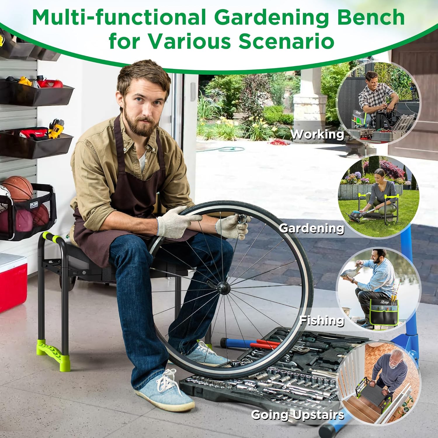 10.8” Wide Garden Kneeler and Seat, Heavy Duty Foldable Gardening Stool with Tool Belt Pouch, Included Thickened Kneeling Pad, Portable Gardening Bench Chair for Seniors & Parents