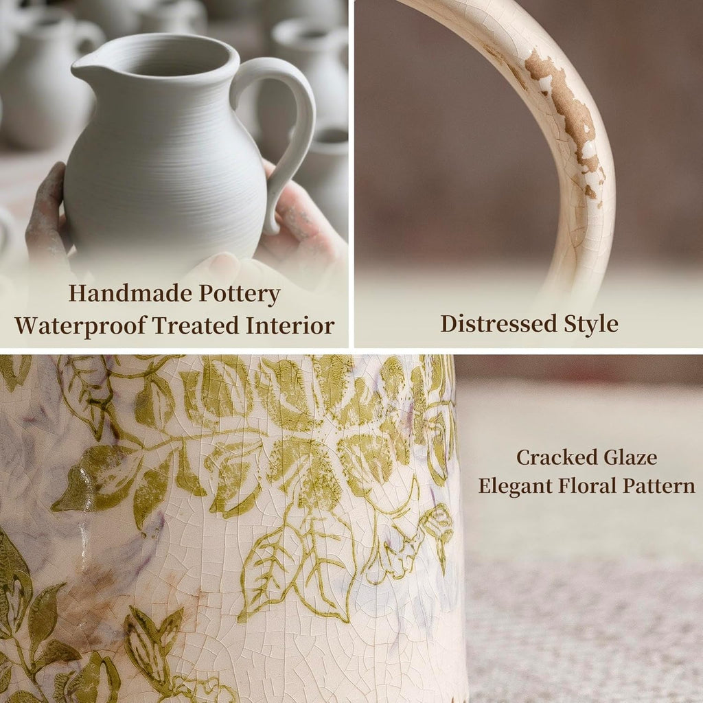 Vintage Ceramic Pitcher Vase with Handle, Farmhouse Green and Purple Large Floral Vases, French Country Decorative Vase, Rustic Table Centerpiece for Home Decor, Bookshelf, Office 10.5 Inch