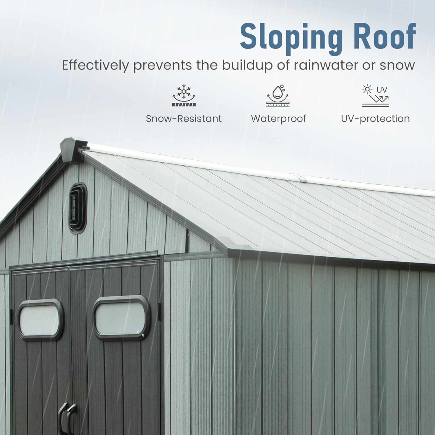 Domi 8x8 FT Outdoor Resin Storage Shed, All-Weather Double-Wall Storage Building for Backyard, Garden, Lawn Tools, Mower, Bike & Pool Equipment, Lockable Doors, Ventilated Roof, Grey