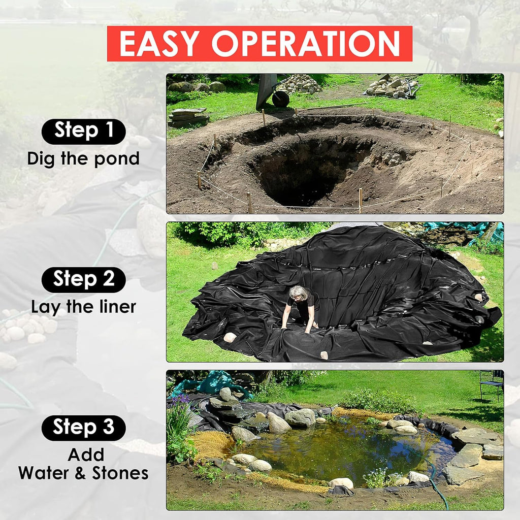 10x10 Ft Pond Liner, 45 Mil Thickness, Pliable & Durable Epdm Material, Easy Cutting & Uv Resistant, for Fish or Koi, Features, Waterfall Base, Fountains and Water Gardens