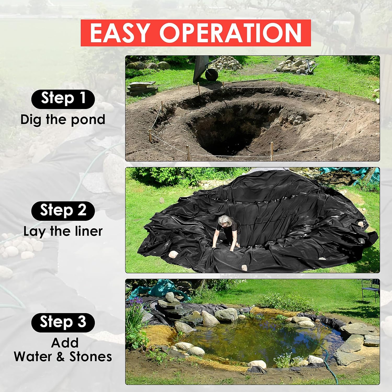 10x10 Ft Pond Liner, 45 Mil Thickness, Pliable & Durable Epdm Material, Easy Cutting & Uv Resistant, for Fish or Koi, Features, Waterfall Base, Fountains and Water Gardens