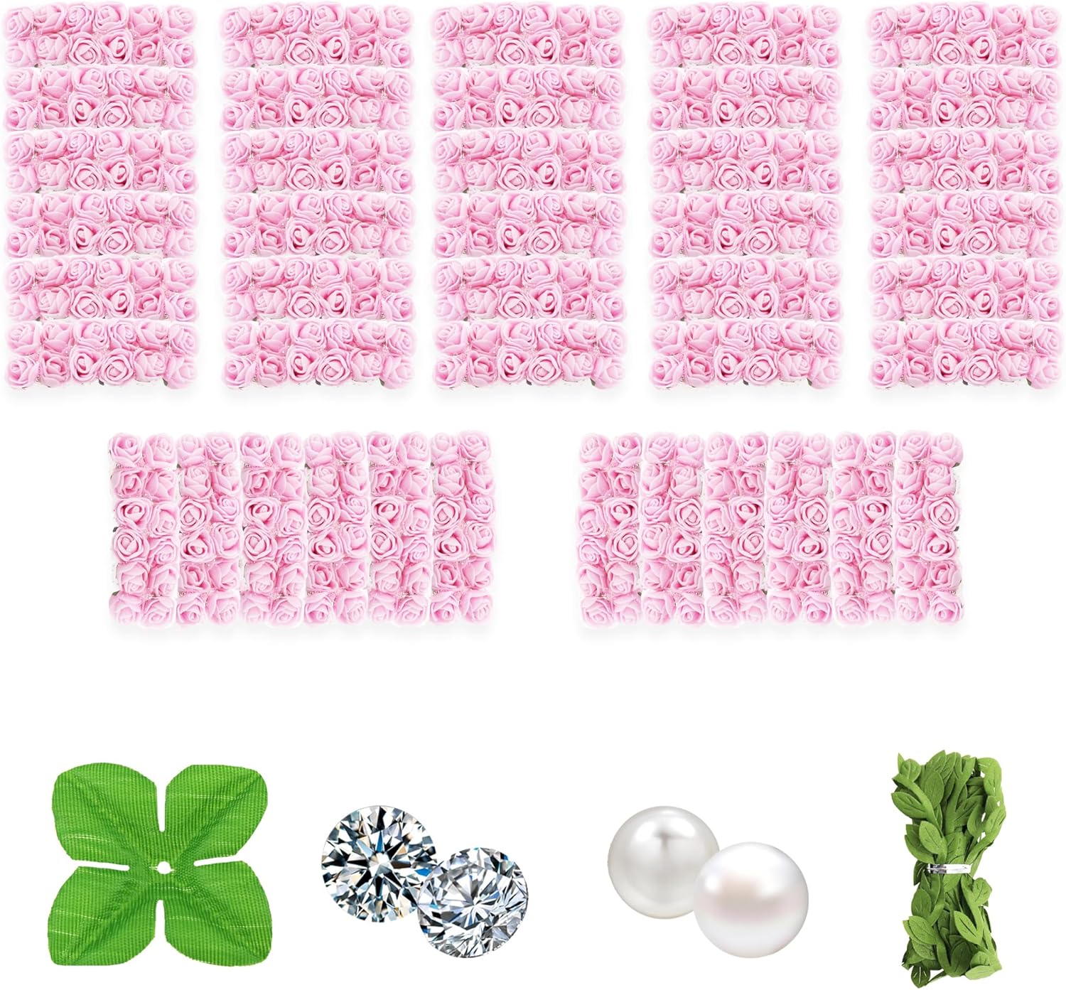 500 Pcs 0.6 Inch Mini Artificial Flowers Head Bulk 5 in 1 Set Faux Foam Fake Small Rose Tiny Baby Flores Bouquet Wreath Gift Hair Clip Home Decoration DIY Craft (Light Pink)
