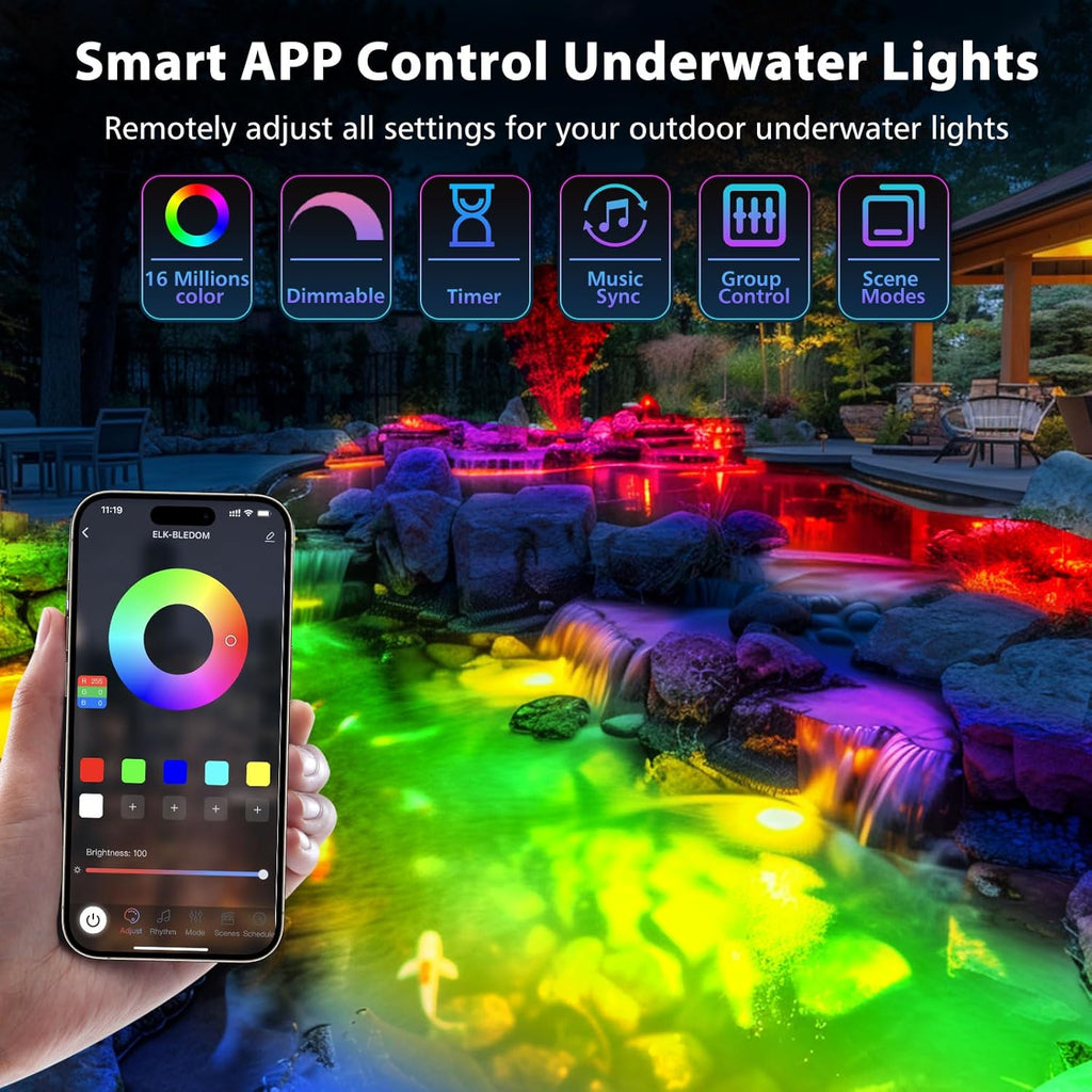 LED Pond Lights, 12W RGB SS316 Stainless Steel Dimmable Underwater Pond Light, 2x6W IP68 Waterproof Submersible Fountain Lights APP Control, 12V Outdoor Waterproof Light Transformer Timer, 26ft Cord
