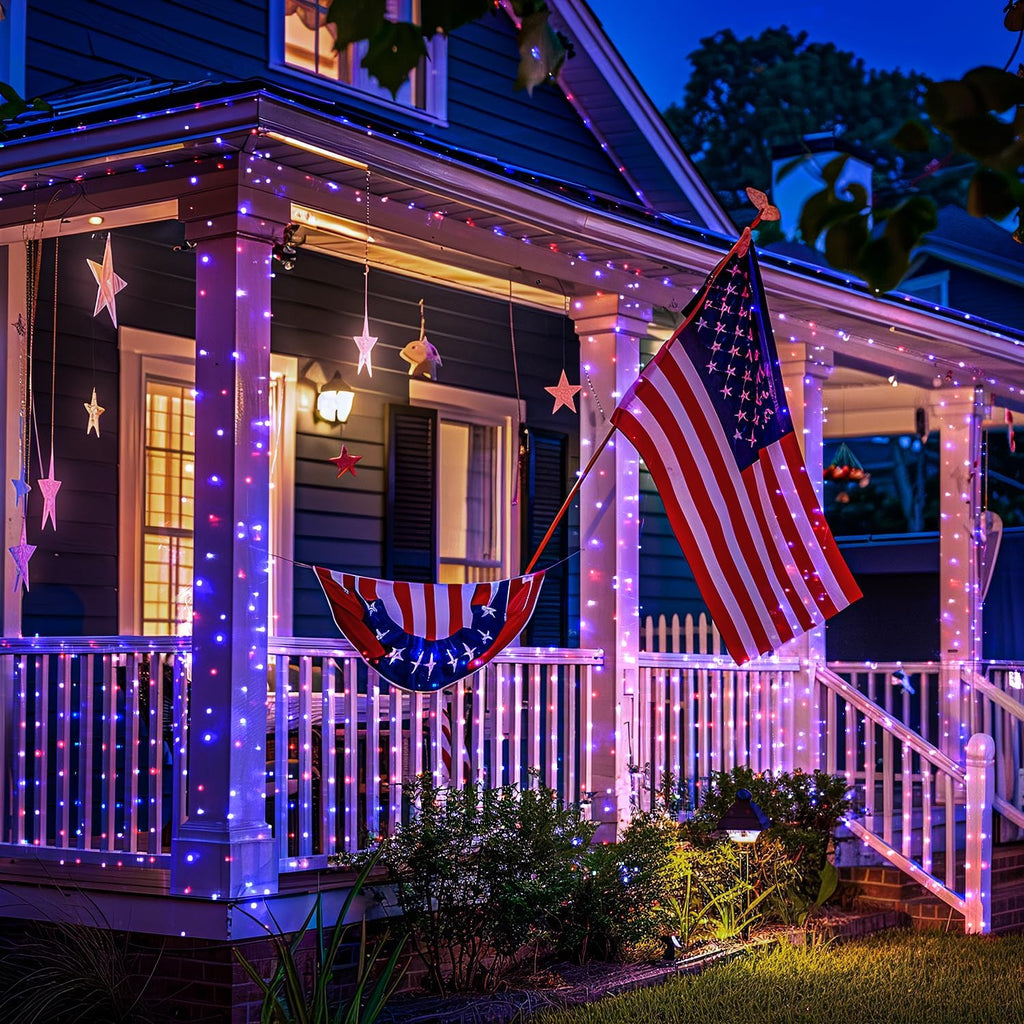 JMEXSUSS 2 Pack Red White and Blue Solar Lights, Each 100 LED 33FT Solar Fairy Lights Outdoor Waterproof, 4th of July Solar String Lights for Independence Day Outside Decorations