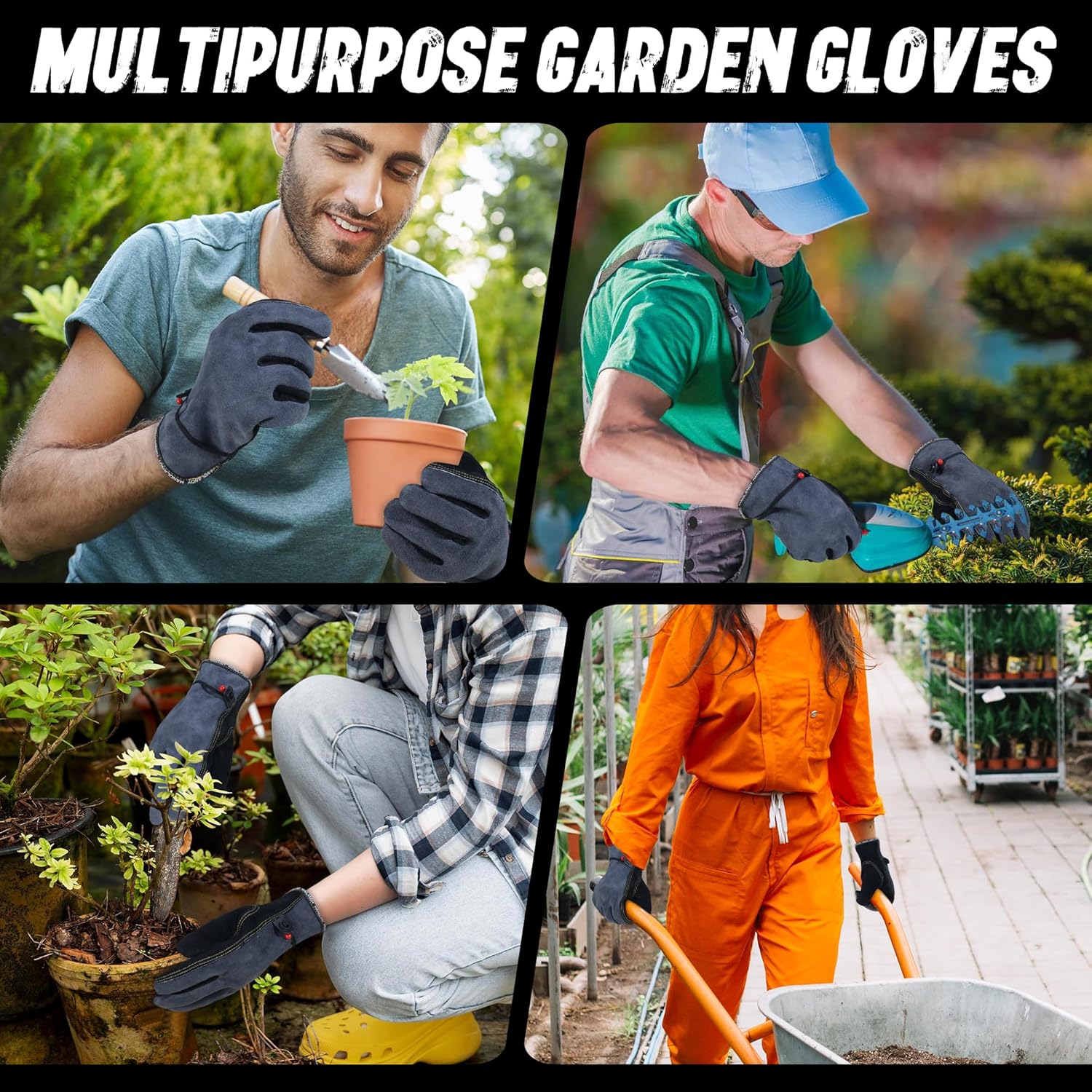 HLDD HANDLANDY Leather Work Gloves for Men & Women, Adjustable Wrist Cowhide Gardening Glove with Reinforced Palm for Driver