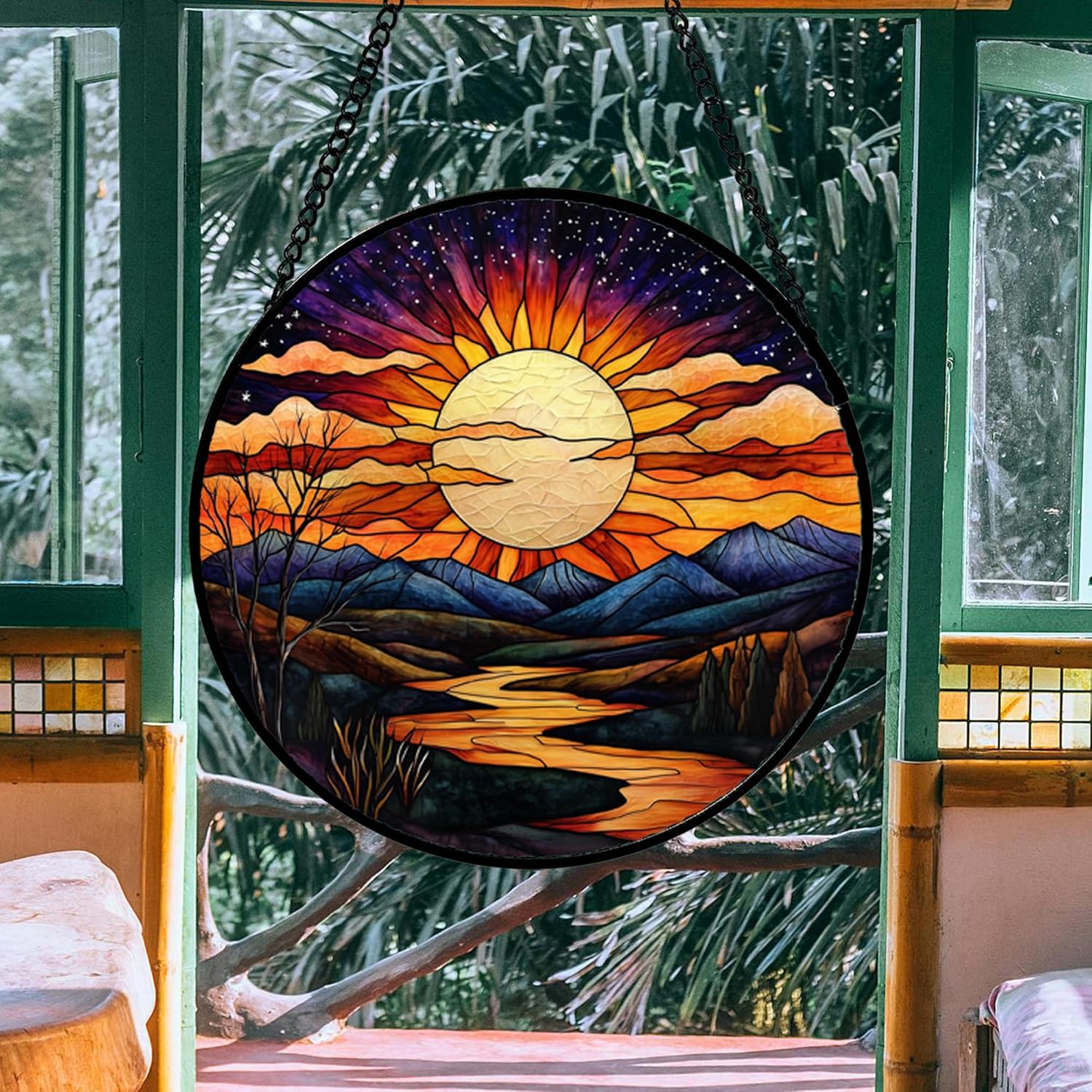 Stained Glass Window Hanging, The Sun Shines Brightly on Lake Sun Catchers Colorful Glass Panel Suncatcher Decor for Birthday for Women, Men, Wife, Lovers, and Mom 14.9x14.9 in