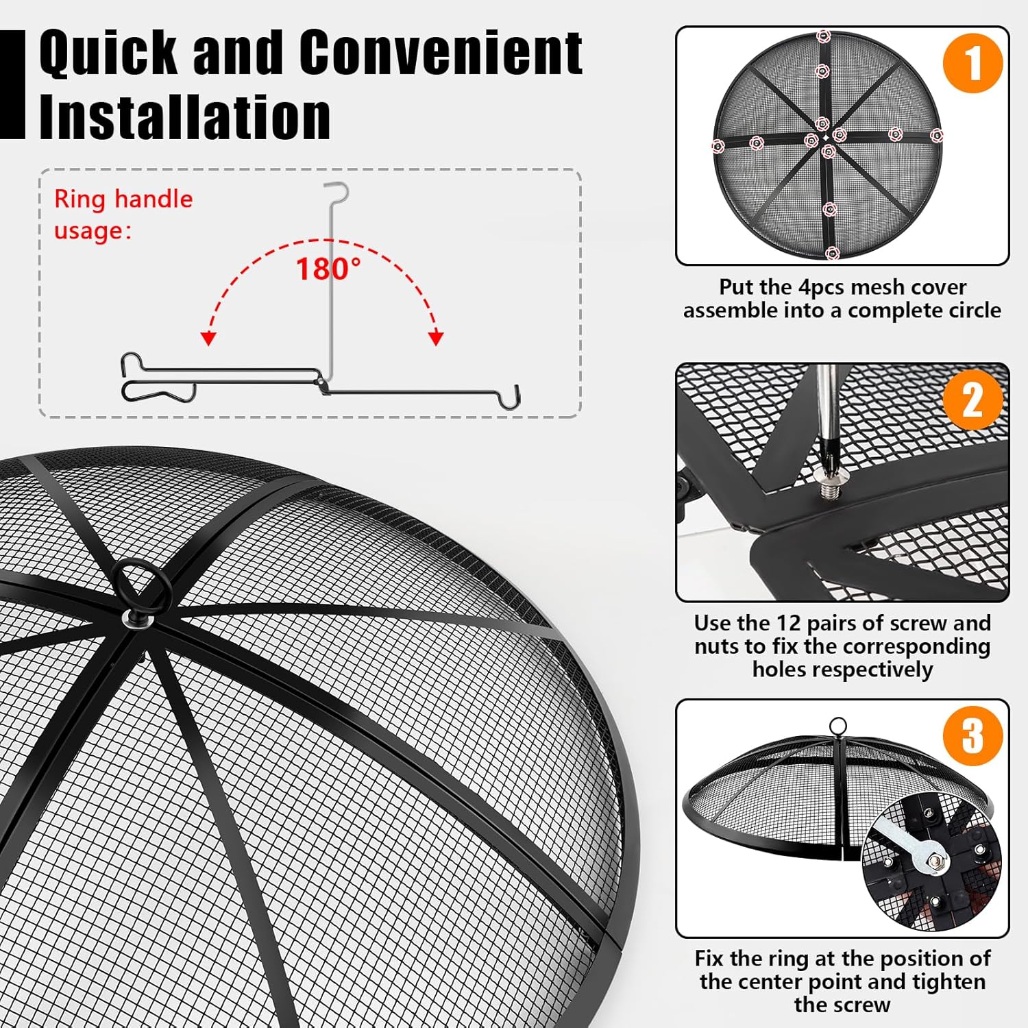 Fire Pit Spark Screen, Fire Pit Screen 24 Inch Round with Handle & Poker, Collapsible Heavy Duty Mesh Fire Pit Cover Fire Pit Lid for Outdoor/Patio/Backyard/RV Camping/Beach