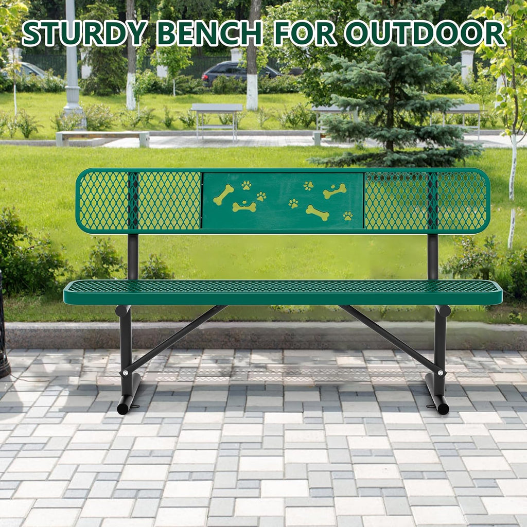 6 Feet Steel Park Bench for Outside, Outdoor Bench with Backrest & Portable Frame, Commercial Benches for Parks, School, Patio, Deck, Store,Green