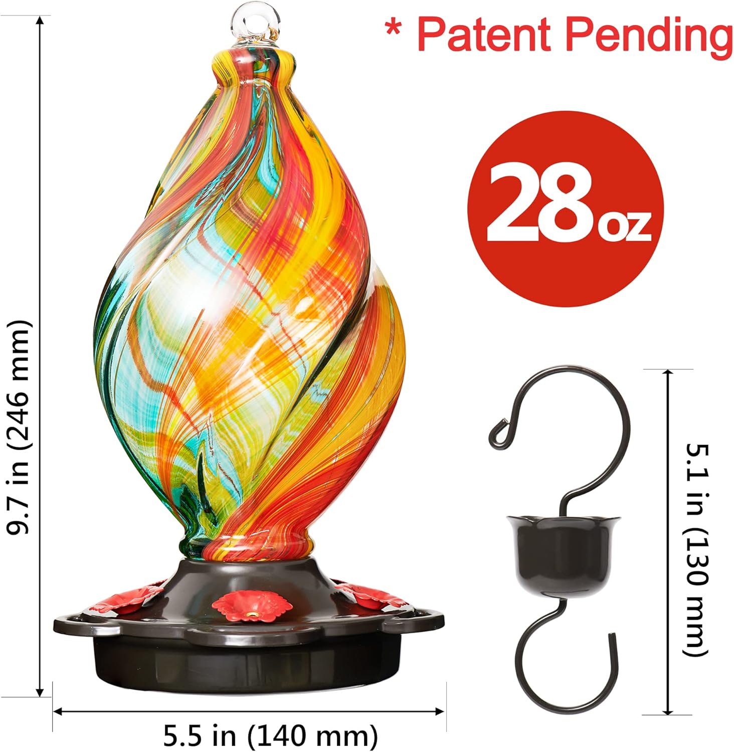LUJII Ice Cream Shaped Spiral Hummingbird Feeder for Outdoors Hanging, Hand Blown Glass, 28 fl.oz, Leak Proof & Rustproof, Includes an Ant Moat, Unique Garden, Outside & Backyard Decor (Ribbon)