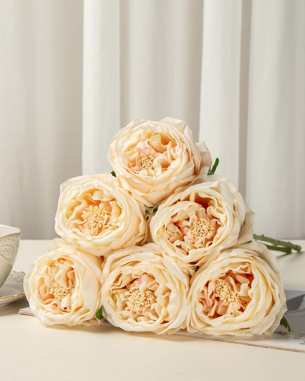 DuHouse 5Pcs Silk Roses Fake Champagne Roses with Stems Real Touch Rose Artificial Flowers for Arrangement Wedding Party Home Decoration
