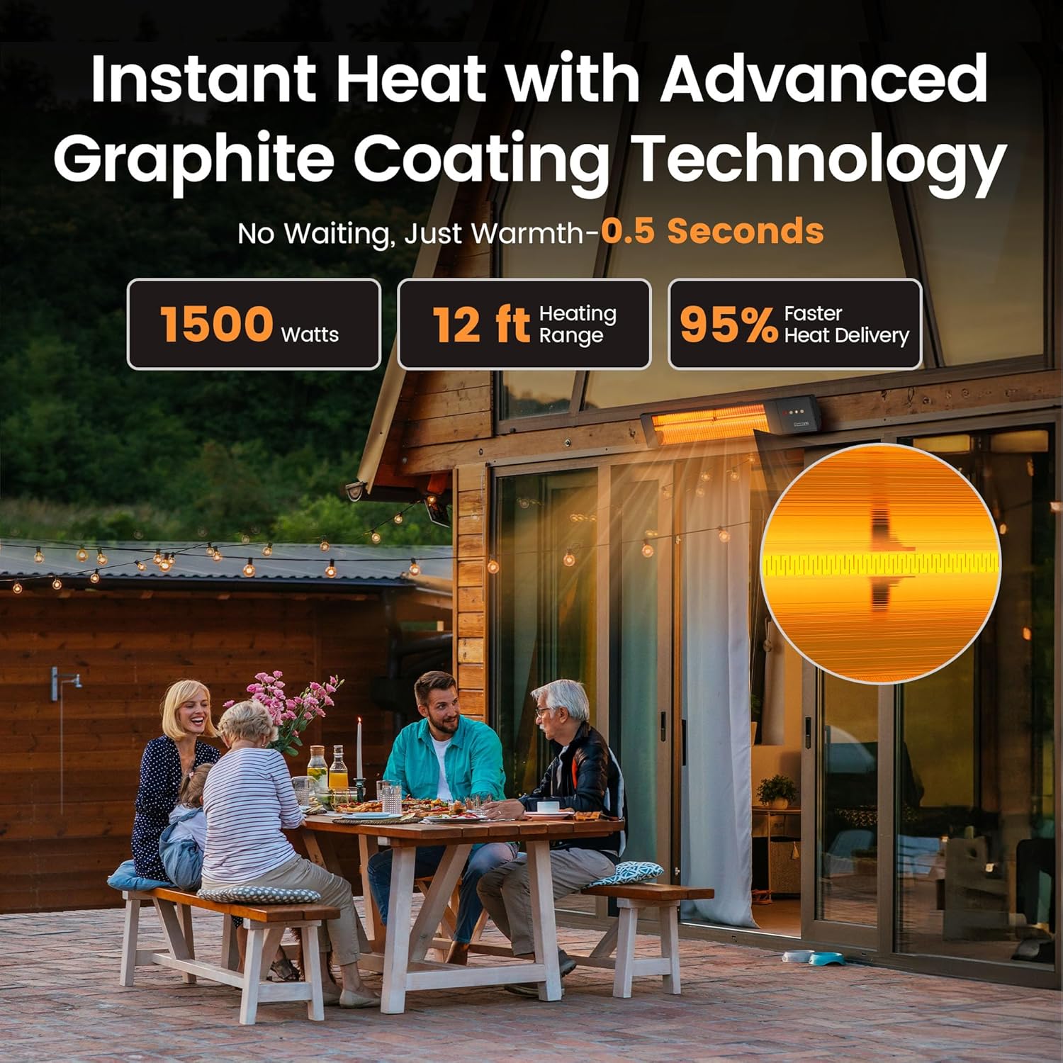 1500W Outdoor Heaters for Patio with 36H Timer, 0.5 Sec Instant Heating, Memory Function, Outdoor Heater, Black – Perfect Outdoor Heaters for Patio & Backyards