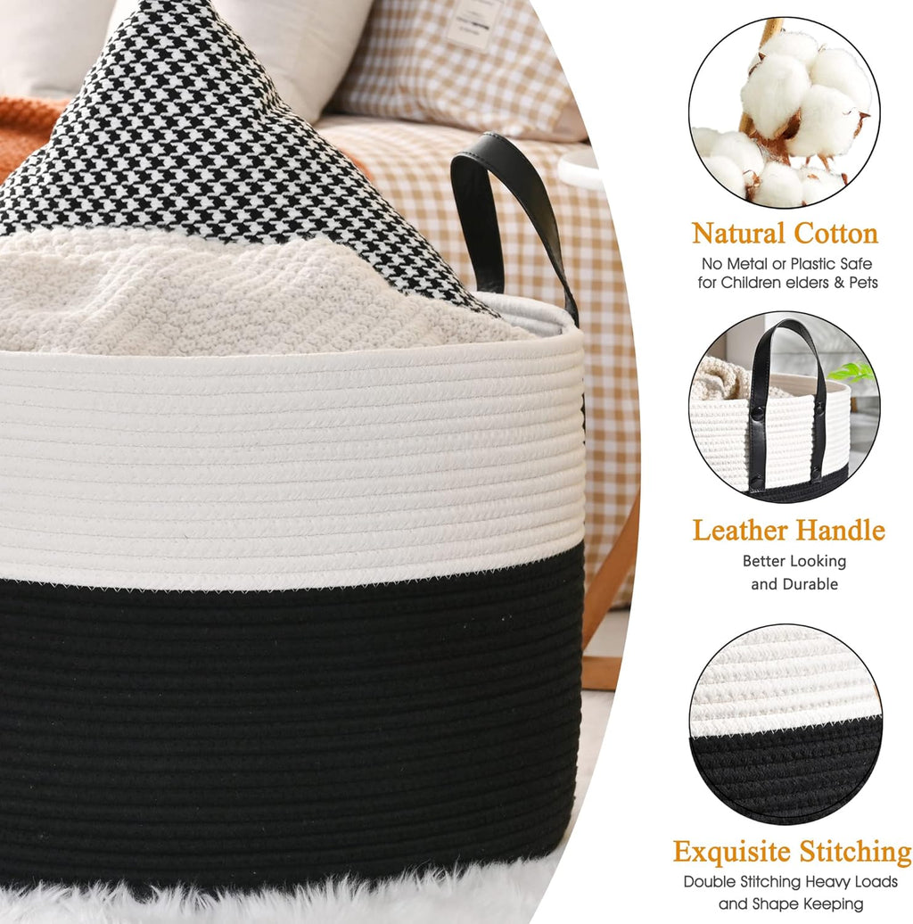 KAKAMAY Large Blanket Basket (20"x13"),Woven Baskets for storage Baby Laundry Hamper, Cotton Rope Blanket Basket for Living Room, Laundry, Nursery, Pillows, Baby Toy chest (White/Black)