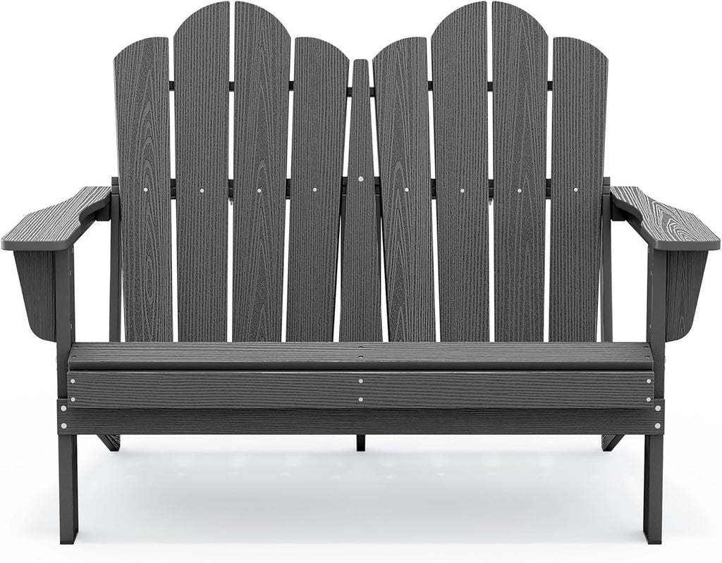 SERWALL Adirondack Bench, HDPE All-Weather Adirondack Loveseat, Outdoor Adirondack Chair for 2, Grey