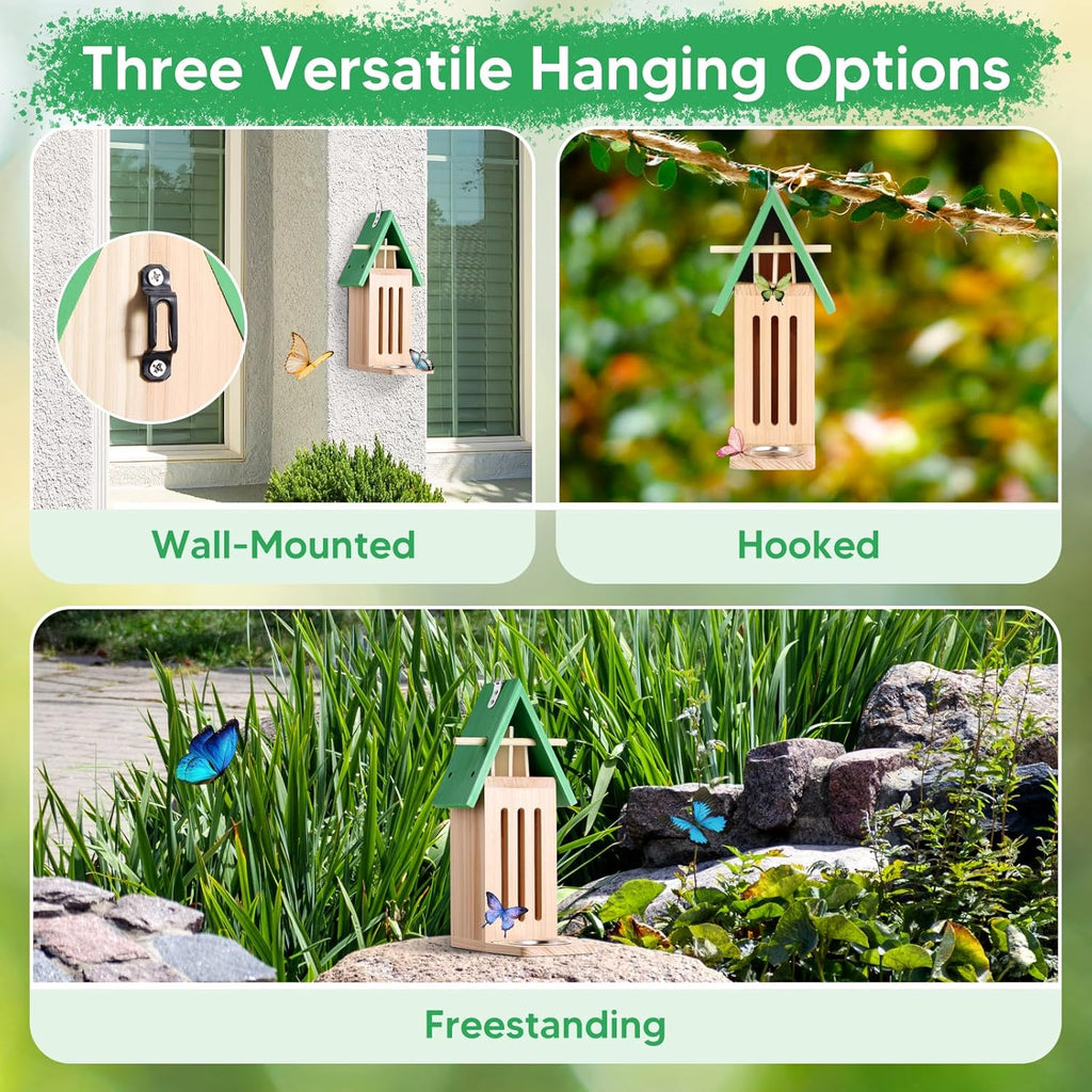 2PCS Butterfly House and Feeder for Outside, Wooden Butterfly House Butterflies Feeder for Garden, Butterflies Habitat with Puddler on Floor or Hanging on Tree Wall