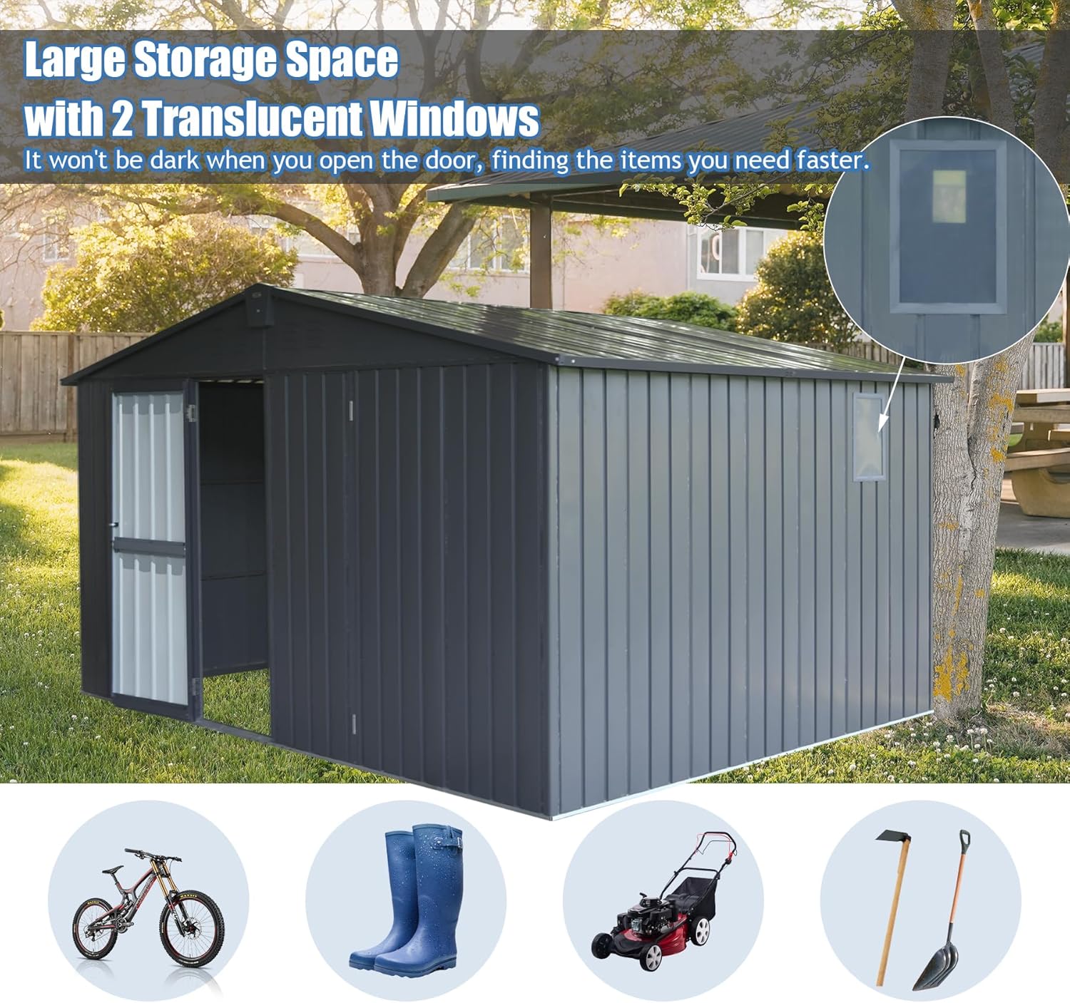 Domi Backyard Storage Shed 11’ x 12.5’ with Galvanized Steel Frame & Windows, Outdoor Garden Shed Metal Utility Tool Storage Room with Lockable Door for Patio(Dark Gray)