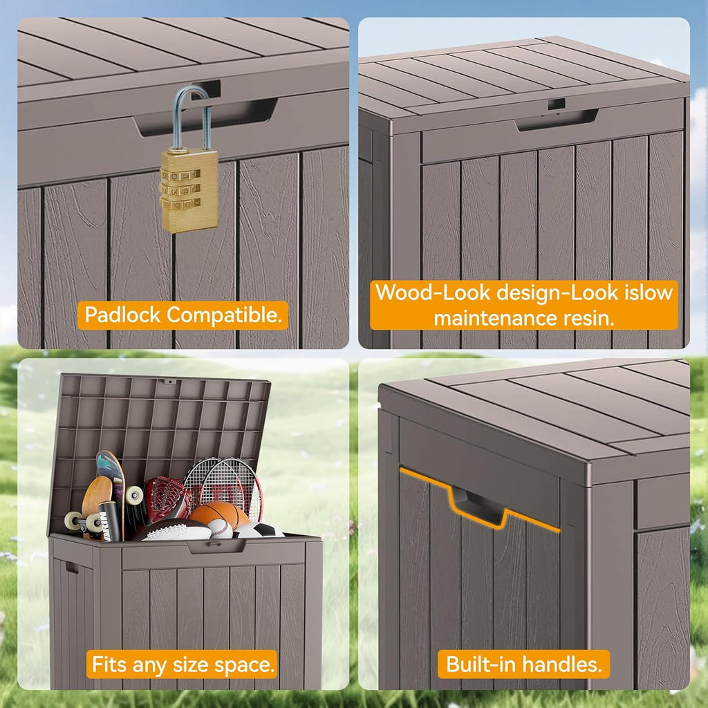 KAMABOKO Deck Box, 32 Gallon Resin Indoor and Outdoor Storage Boxes Waterproof for Garden Tools, Pool Accessories Storage Bench, Patio Furniture and Cushions with Lockable Lid, Grey