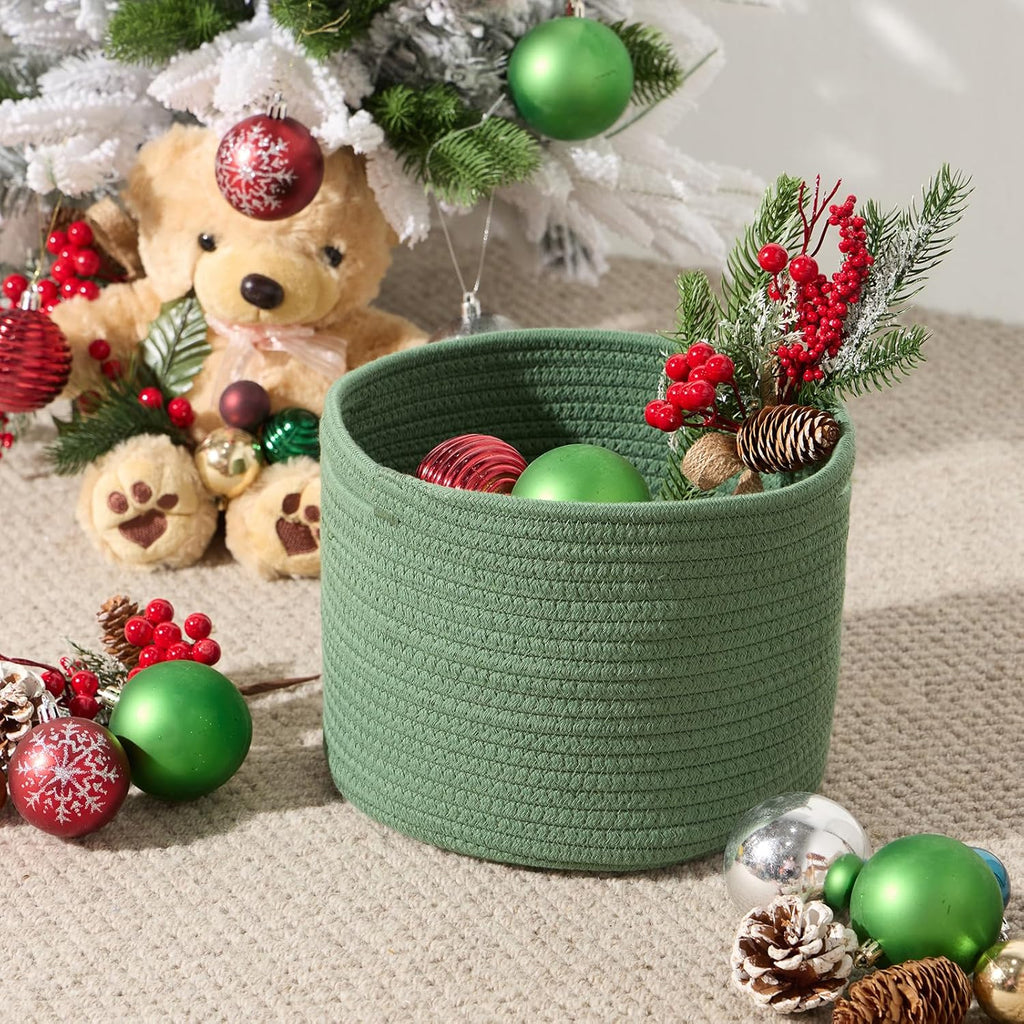 Small Basket for Organizing | Cube Shelf Closet Storage Baskets | 9.7×9.7×7.1” | Woven Rope Gift Basket | Nursery | Round 3 Packs Green