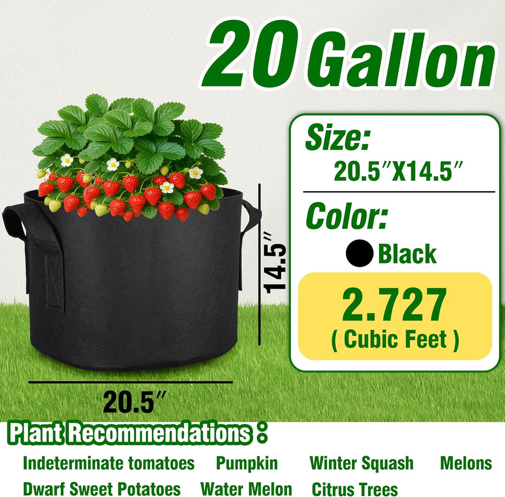 PHYEX 12-Pack 20 Gallon Grow Bags, Heavy Duty Fabric Pots with Handles, Reusable Plant Bags for Vegetable, Herbs & Flowers, BPA-Free, Breathable, Durable