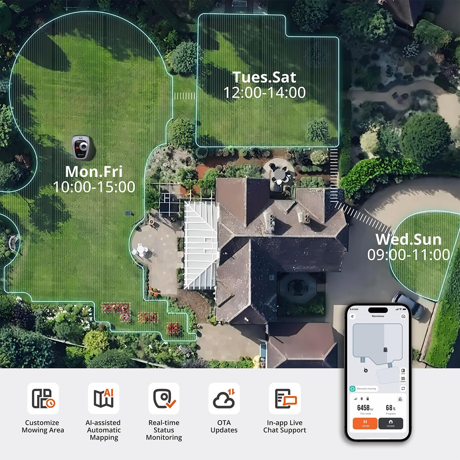Segway Navimow i105N Robot Lawn Mower Perimeter Wire Free 1/8 Acre RTK+Vision Robotic Lawnmower, AI-Assisted Mapping, Virtual Boundary, APP Control, 58dB(A) Quiet, Multi-Zone Management