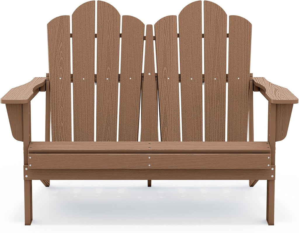 SERWALL Folding Adirondack Bench, HDPE All-Weather Adirondack Loveseat, 660 lbs Capacity, Foldable Outdoor Patio Bench for Deck, Lawn, Garden, Brown