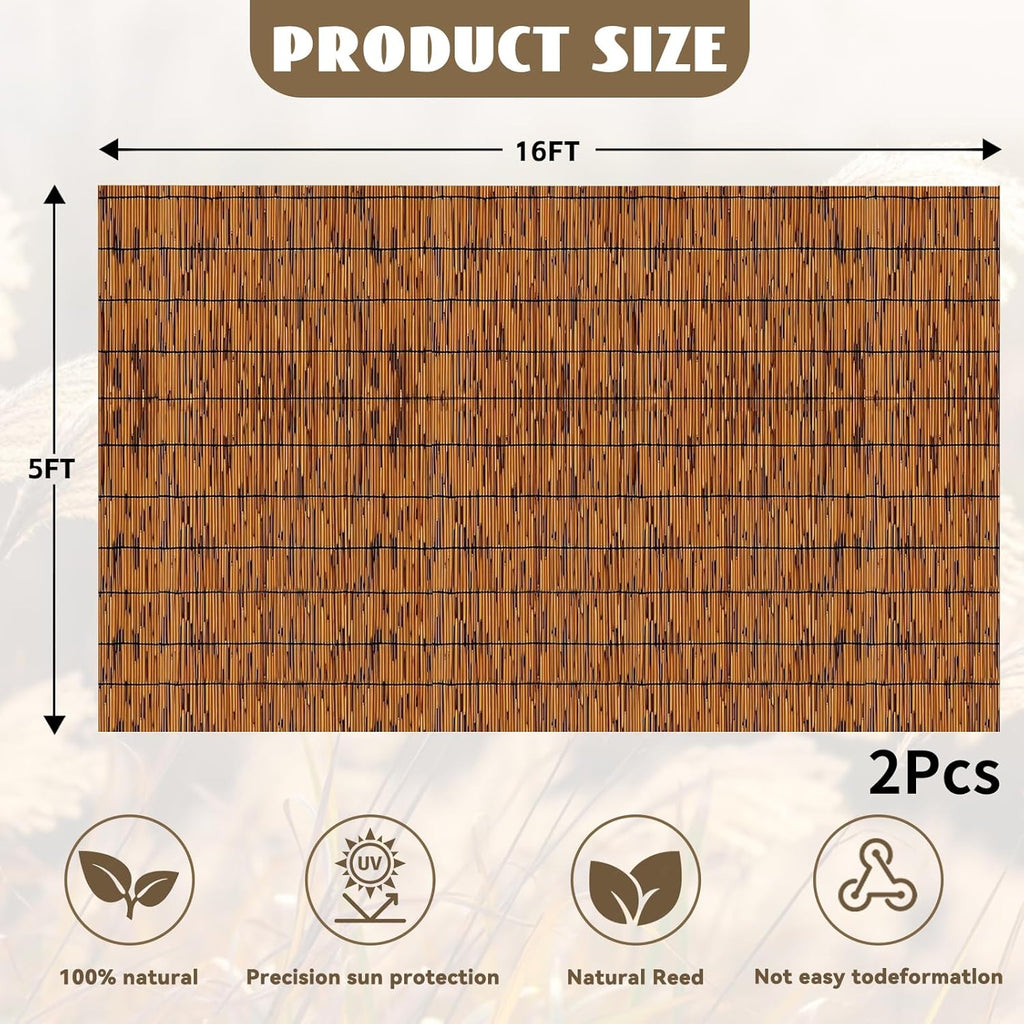 Bamboo Reed Fencing, Light Russet Decorative Bamboo Privacy Fence 5ft High, Reed Curtains for Patio Garden Balcony Outdoor Privacy Screen, 5 x 16 FT (2 Pcs)