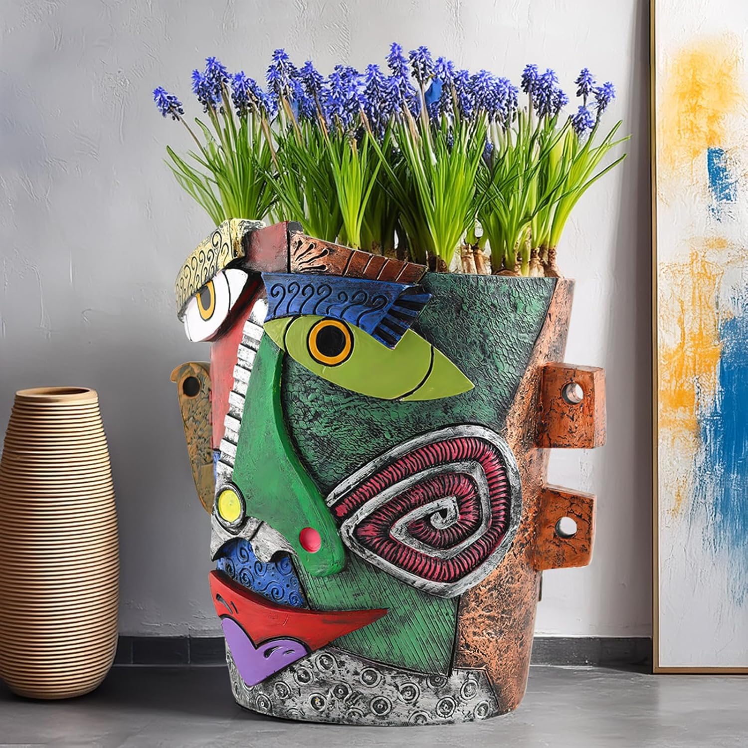 TOZLU Art Abstract Face Planters Pots Head,Unique Fun Abstract Face Flower Pot Ornaments Head Planter Pots Container Colorful Resin Flower Pot for Home and Garden Decor(Picasso Abstract Flowerpot)