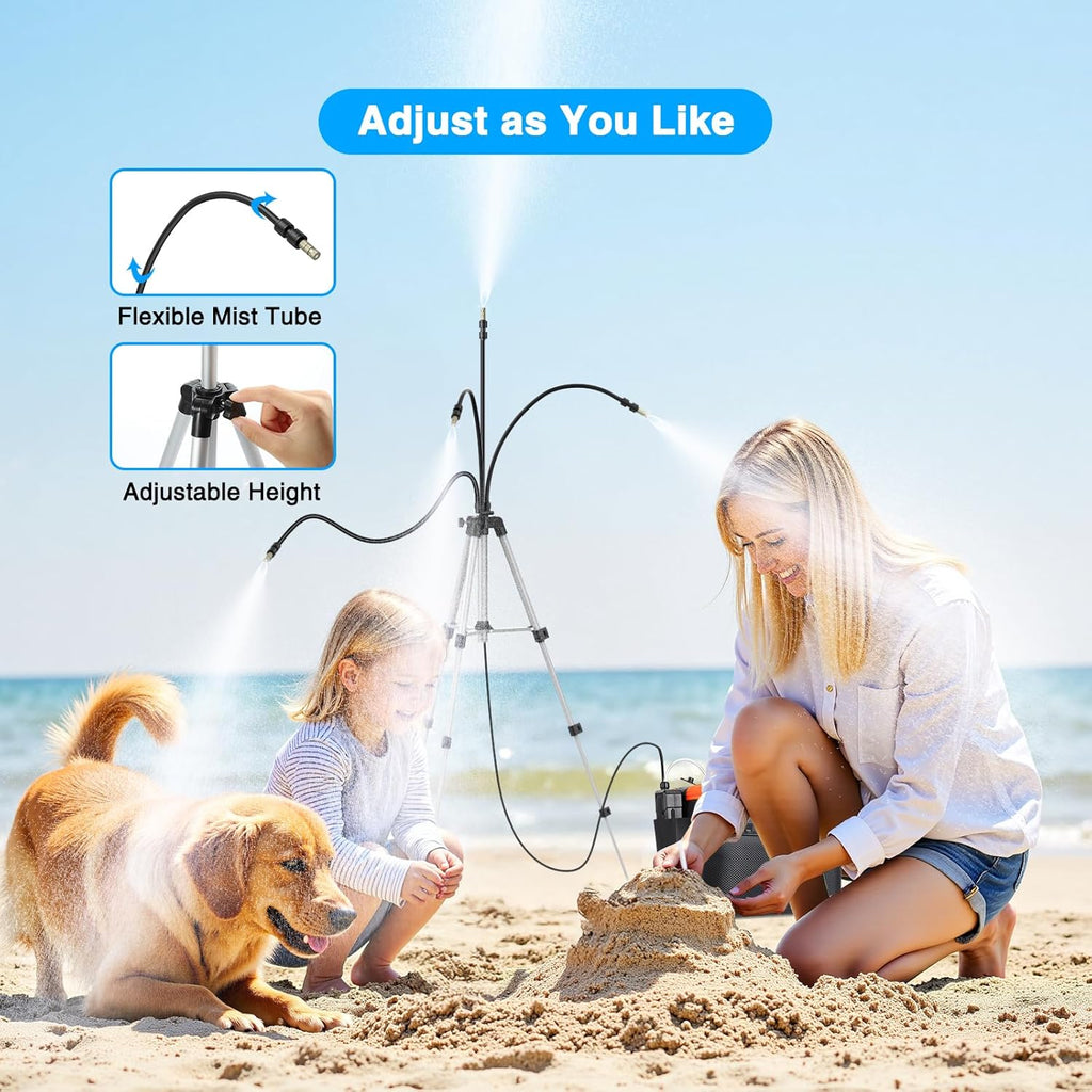Portable Misting System with Standing, 6000mAh Water Cooling Misters Set for Outside Patio - 20L Bucket, 4.9FT(59IN) Adjustable Height for Outdoor, Beach, Pool, Water Playing, Sprinkler, Camping