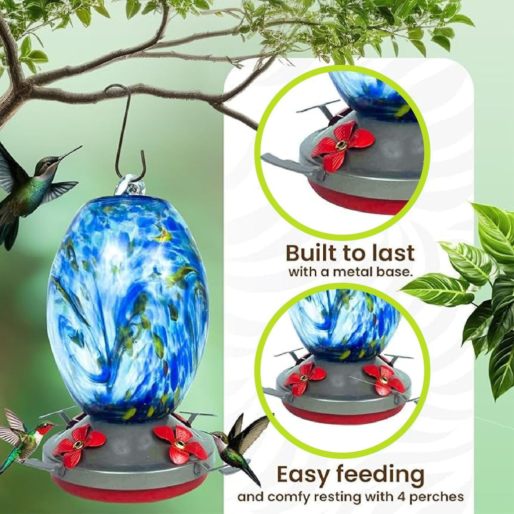 Nature Gear Hummingbird Feeder, Hanging-Mount Glass Hummingbird Feeders for Outdoors, Hand-Blown Glass Feeder with Ant Moat for Garden Hummingbirds, Easy to Clean & Rust Resistant, Sky Blue