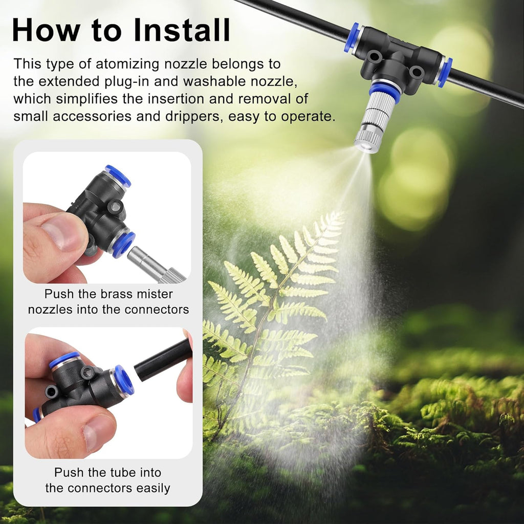 Mornajina 20 Pcs Brass Misting Nozzles Mister Replacement Nozzles with Filter Mesh Fit 1/4" Water Misting Nozzle Tees, 0.012"/0.3mm Orifice Misting System Heads Sprayer for Outdoor Cooling System