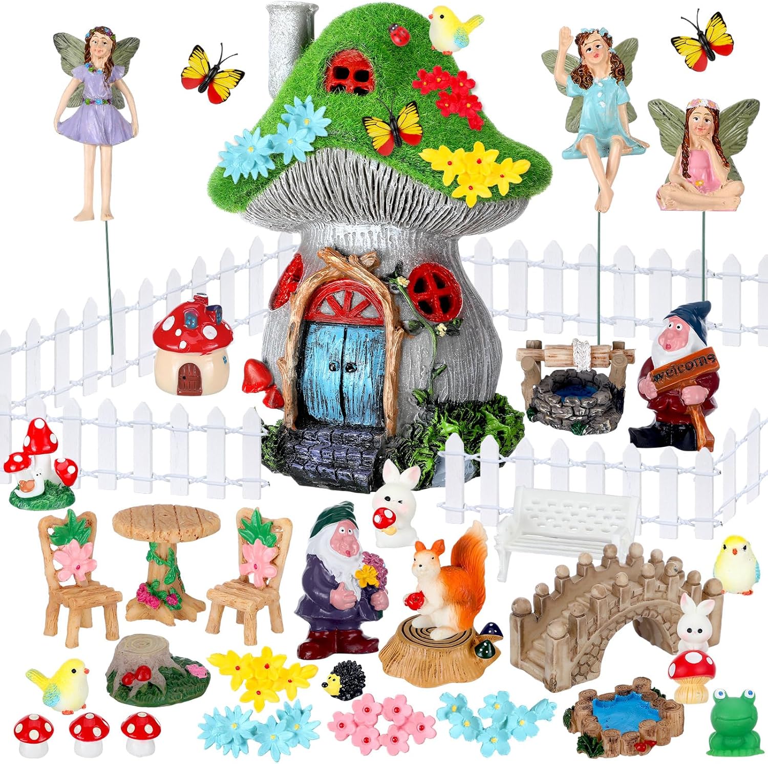 Suzile 50 Pcs Solar Fairy House Garden Accessories Light up Flocked Fairy House Garden Kit Green Resin Miniature Mushroom Figures Micro Landscape Ornament(Mushroom House)