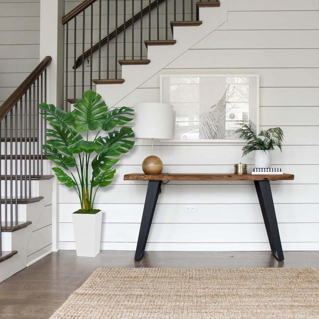 Artificial Monstera Deliciosa Plant 5FT - Faux Tropical Palm Tree with White Tall Planter - Fake Swiss Cheese Floor Plant Potted - Artificial Tree for Home Office Living Room Decor Indoor