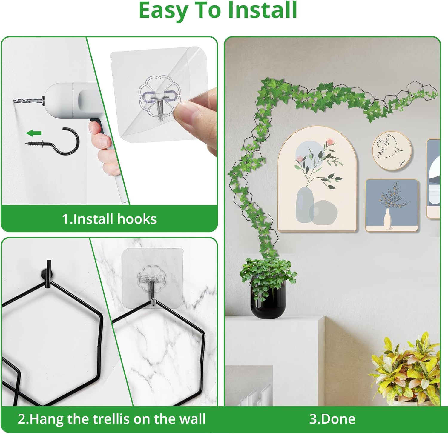 24 Pcs Chain Trellis for Climbing Plants, 120 Inch Long Metal Plant Trellis Indoor Outdoor, Garden Wall Vine Support Trellis, Plant Accessories for Ivy, Peonies, Hexagonal Design Black