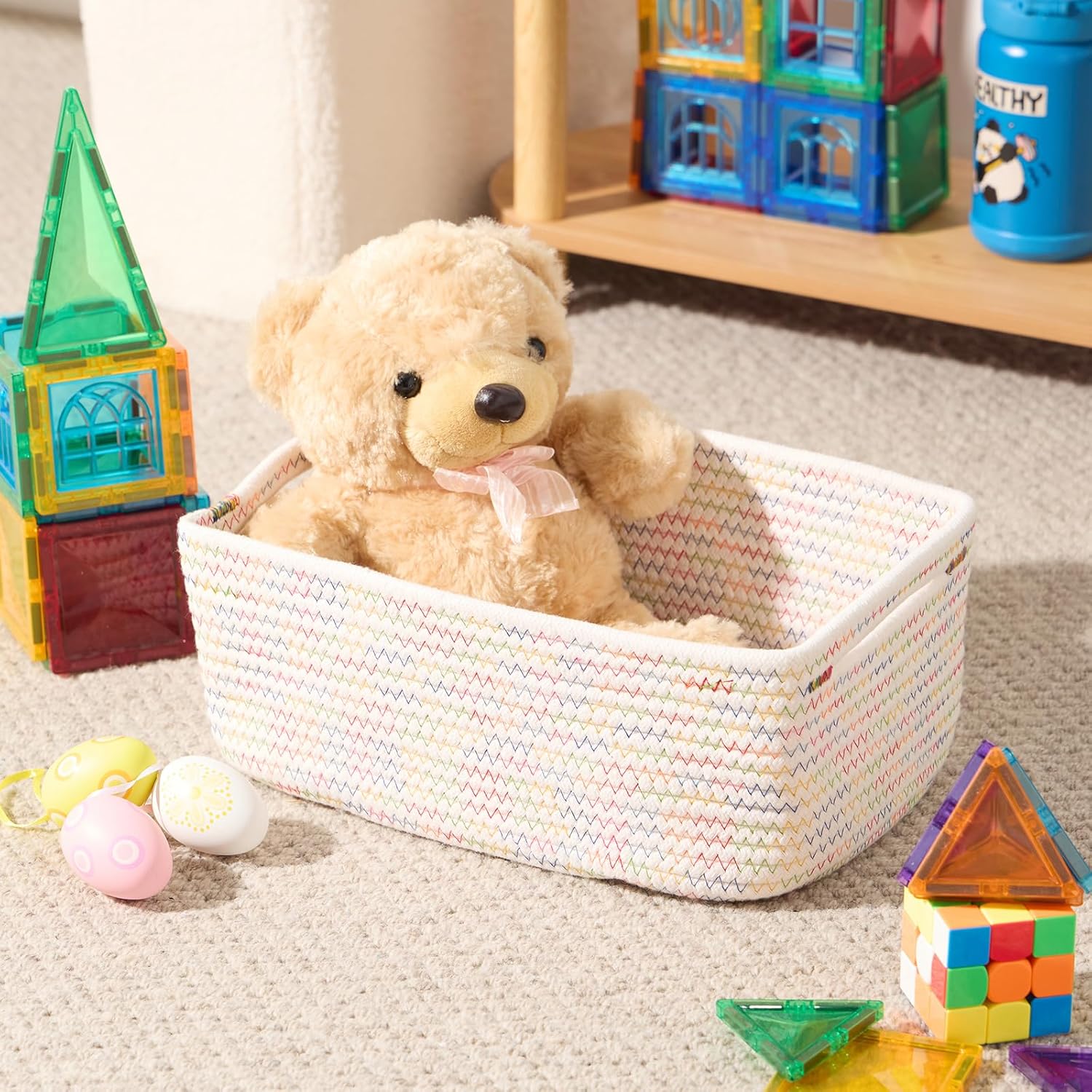 Small Storage Baskets for Organizing | Closet Organizer Bins | Shelf Toy Basket | Woven Rope Baskets | Cube Decorative Box | Shallow Basket | 13x8.5x5.1” | 4 Packs Rainbow
