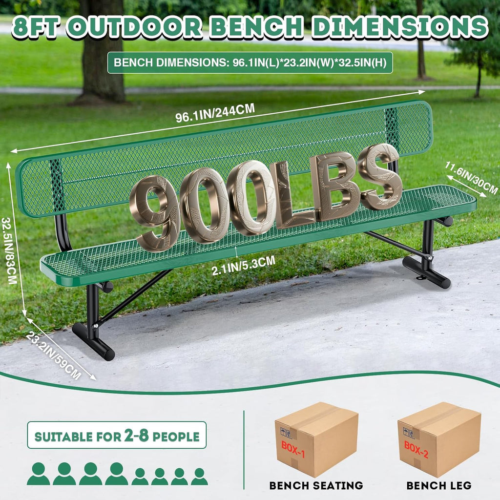 8Ft Outdoor Bench with Back Portable Frame, Outdoor Steel Park Bench with Backrest, Expanded Metal Mesh Bench for Outside, Lawn, Backyard, Park, Deck, Garden, Patio, Porch, Green