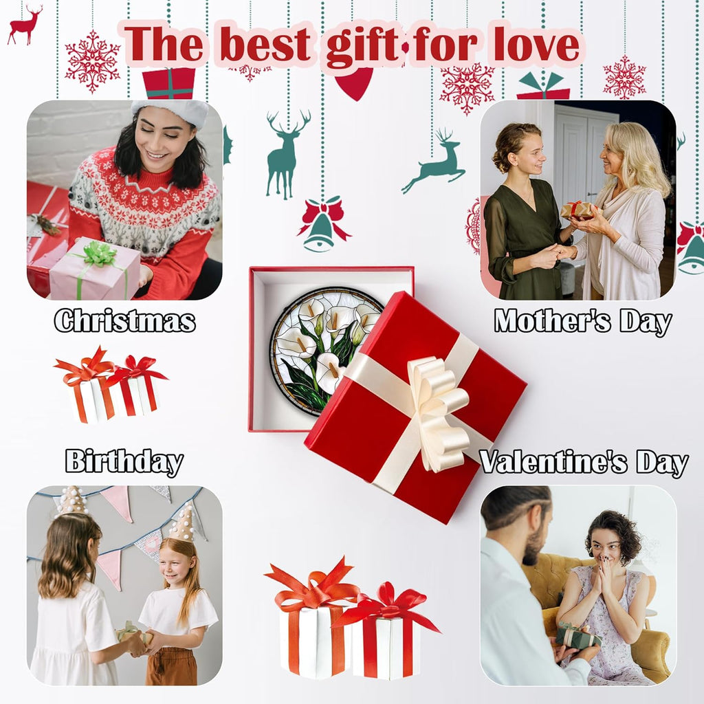 Stained Glass Window Hanging, White Calla Lily Flowers Sun Catchers Glass Panel Plant Suncatcher Decor for Birthday for Women, Men, Wife, Aunt, and Mom 14.9x14.9 in