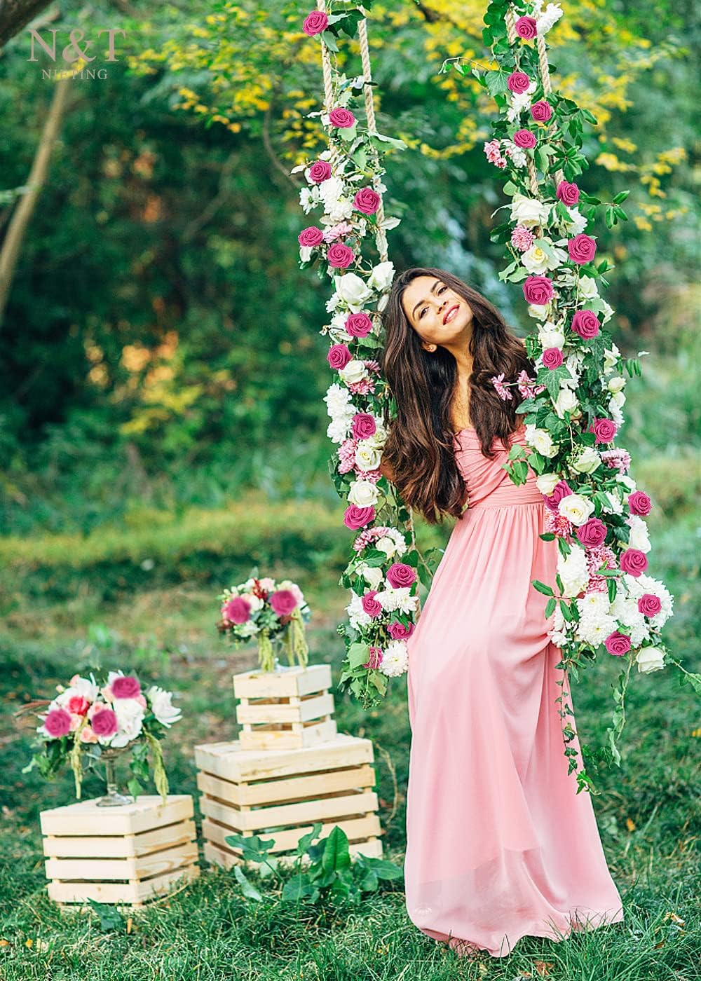 N&T NIETING Artificial Flowers, Hot Pink Artificial Roses, 50pcs Fake Flowers with Stem for DIY Wedding Bouquets Centerpieces Bridal Baby Shower Party Home Arrangement Decoration