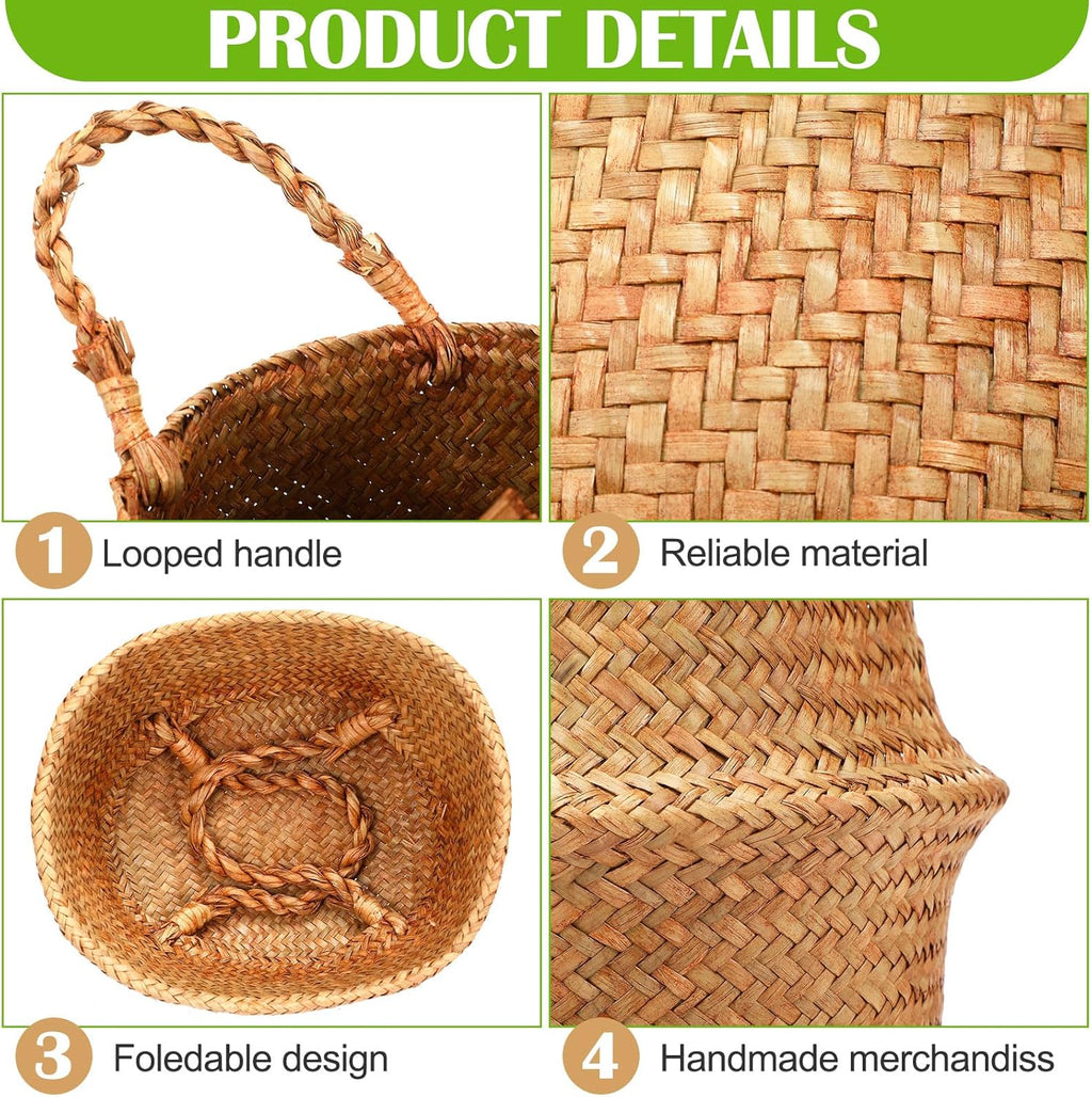 Qunclay Woven Seagrass Baskets Belly Basket Folding Boho Natural Plant Pot with Handles Round Decorative Wicker Large Indoor Planter for Home Outdoor Tree Planters Decor(12 x 11 Inch, 8 Pcs)