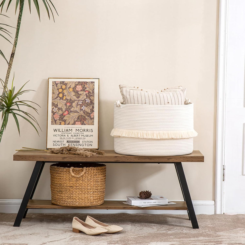 KAKAMAY Large Blanket Basket (20"x13"),Woven Baskets for storage Baby Laundry Hamper, Cotton Rope Blanket Basket for Living Room, Laundry, Nursery, Pillows, Baby Toy chest (White)