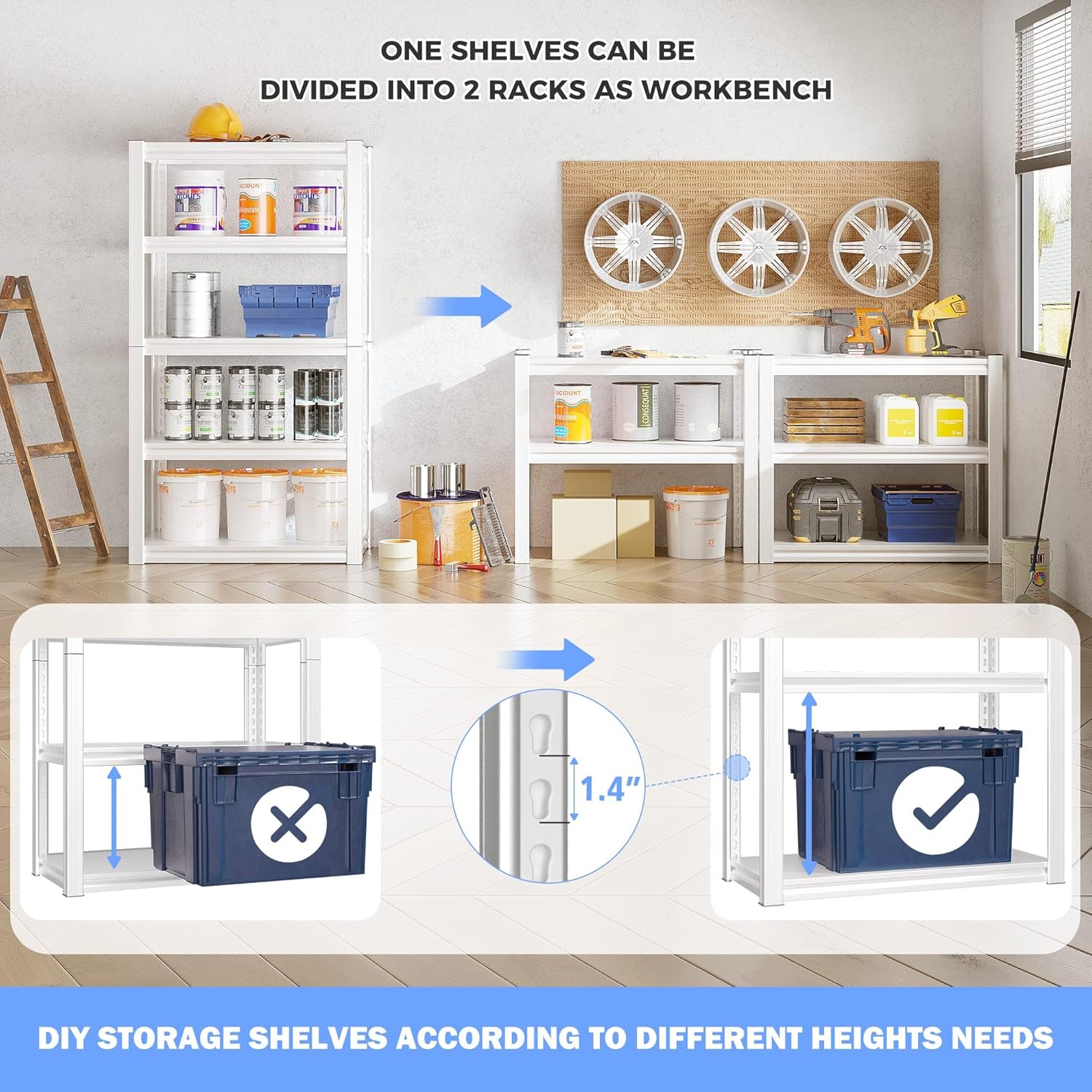 Raybee 72''H Garage Shelving Heavy Duty Storage Shelves Load 2010LBS Adjustable 5 Tier Metal Shelving White Garage Sheves Pantry Shelf for Kitchen Closet 72''H*31.7''W*16.3''D