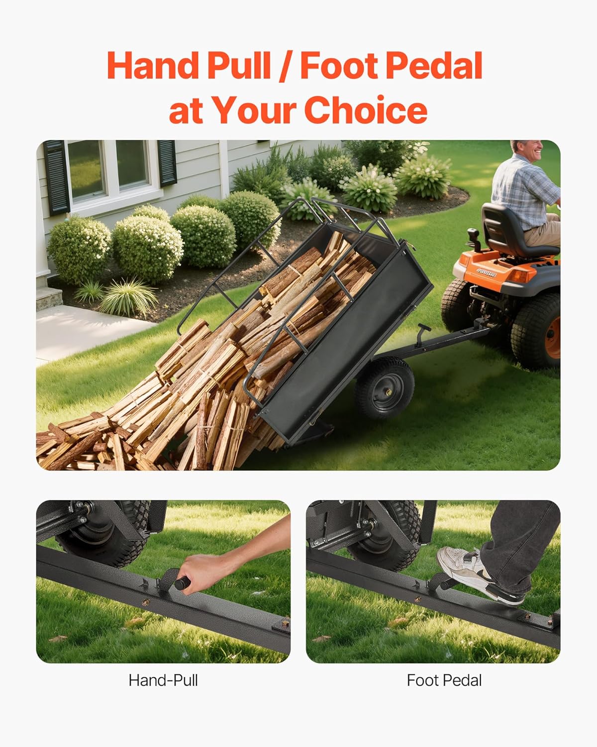 VEVOR Heavy Duty ATV Trailer Tow Behind Dump Cart, 17 Cu.Ft. 600lbs Capacity, Pull Behind Steel Yard Wagon Dump Trailer for Tractor Lawn Mower Garden with 16in Tires