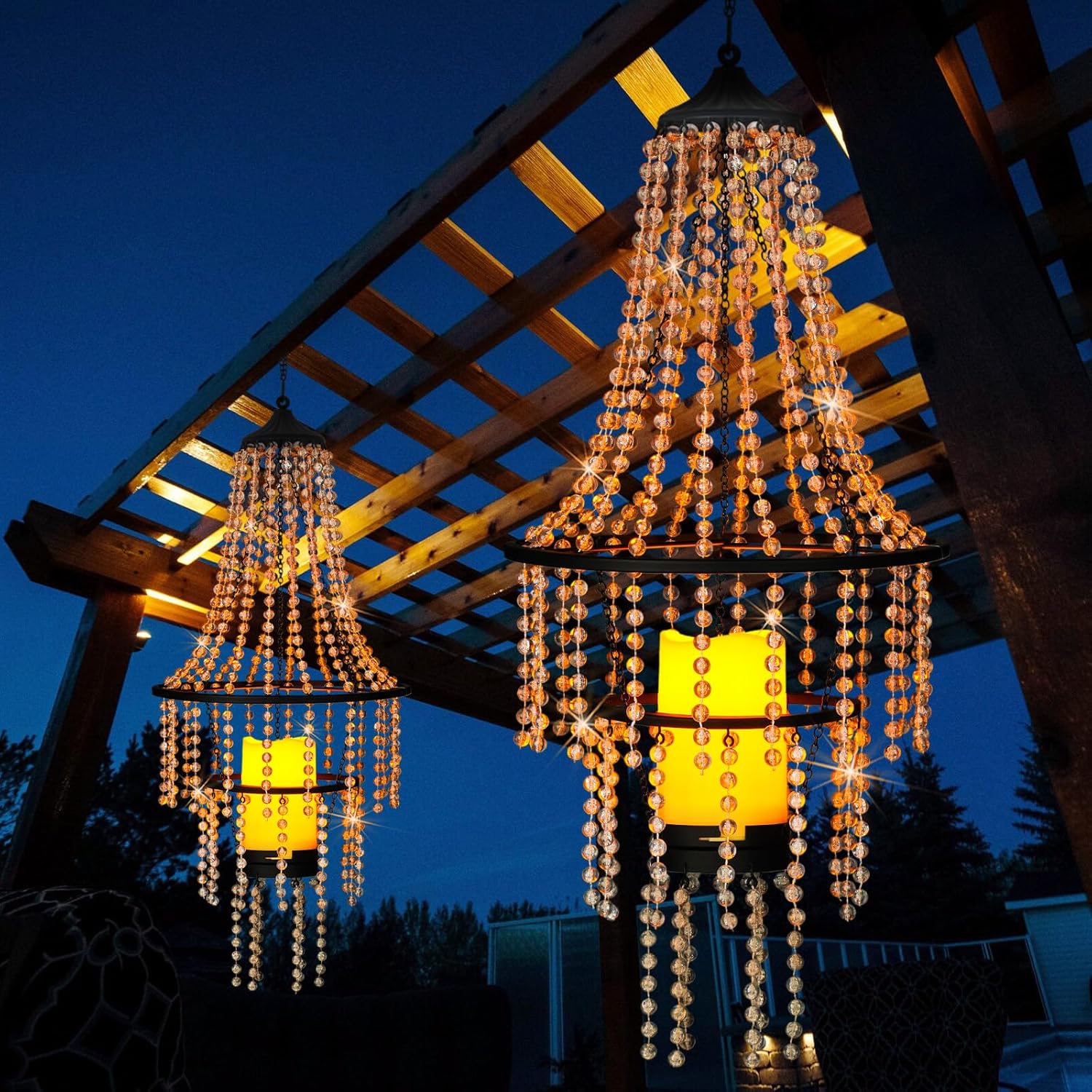 Battery Operated Hanging Chandelier Outdoor Indoor, 28” Modern Acrylic Crystal Hanging Beaded Lantern with Led Candle Light, Pendant Lights Decor for a Gazebo, Garden, Backyard, Patio, Balcony, Porch